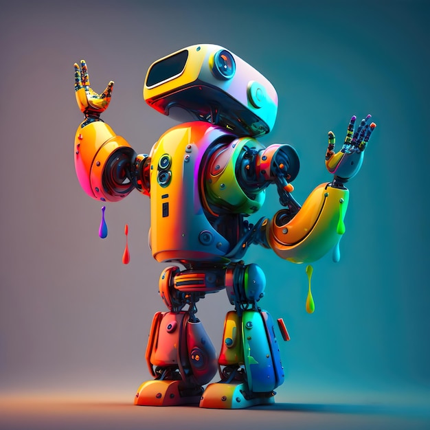 Um robô colorido com o braço levantado criado com tecnologia generativa de IA