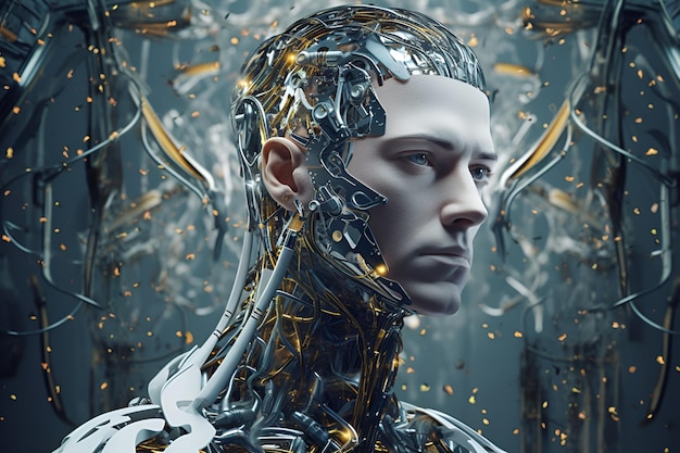 Um robô com cabeça humana e a palavra robô nela