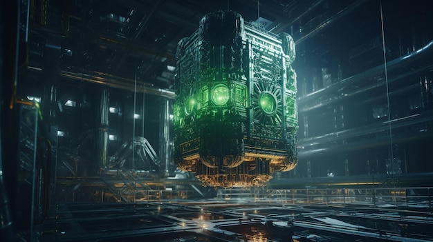 Um robô com luzes verdes está pendurado em uma estrutura metálica em uma sala escura.