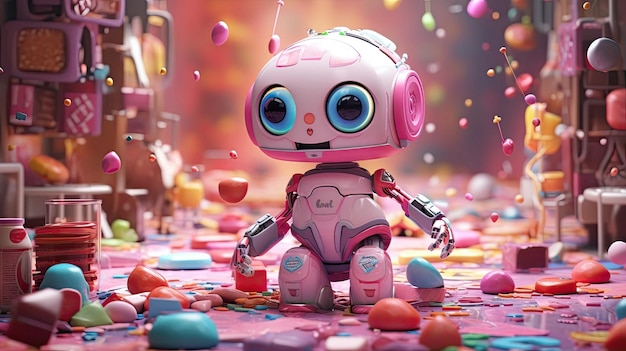 Foto um robô com nariz rosa e as palavras 