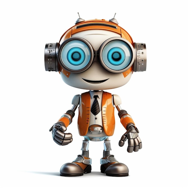Um robô com óculos e uma gravata que diz robô nele.