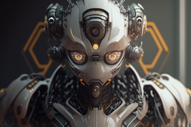Um robô com olhos amarelos e fundo preto.
