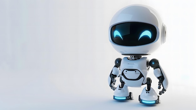 Um robô com olhos azuis e nariz preto.
