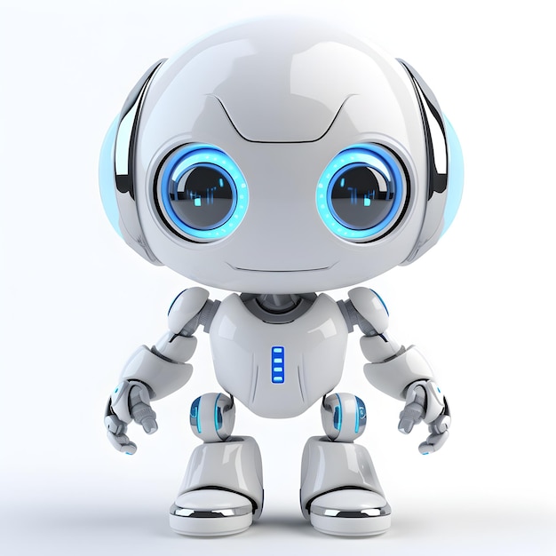 Um robô com olhos grandes está de pé sobre um fundo branco.