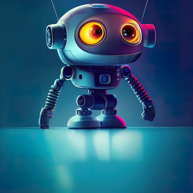 um robô com olhos laranjas e um fundo azul