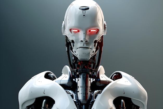 Um robô com olhos vermelhos e fundo preto.
