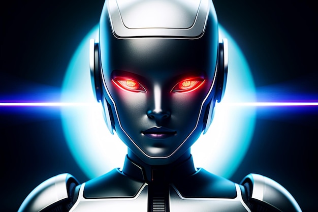 Um robô com olhos vermelhos e uma luz azul atrás dela.