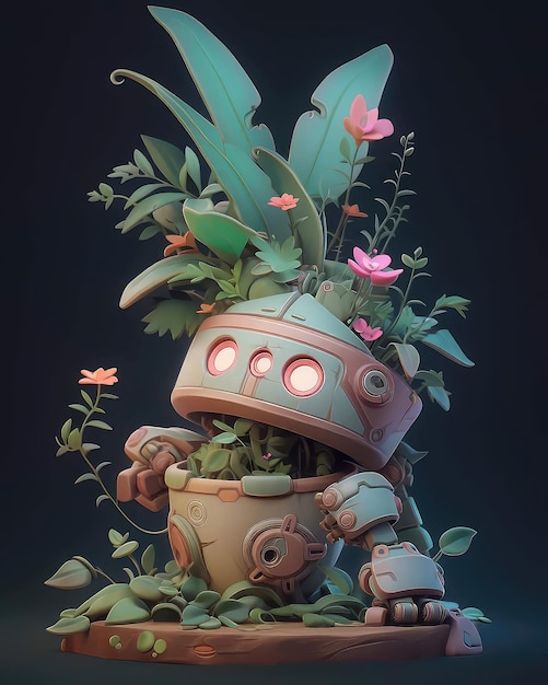 Um robô com plantas na cabeça está rodeado de flores.