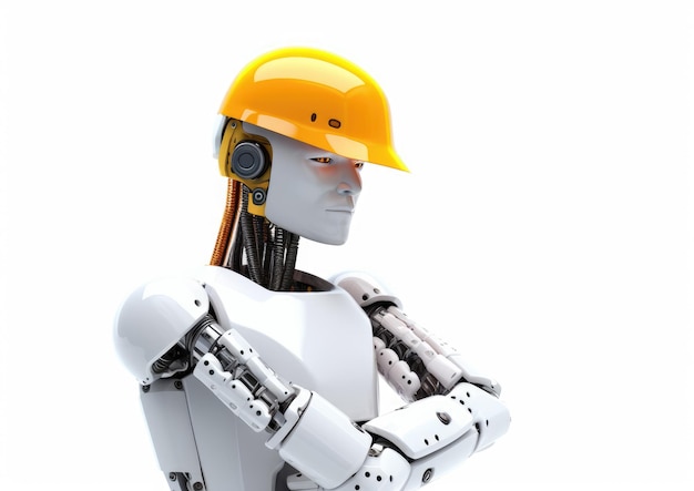 Um robô com um capacete amarelo isolado no fundo branco