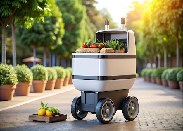 um robô com um carrinho na rua e vegetais no chão