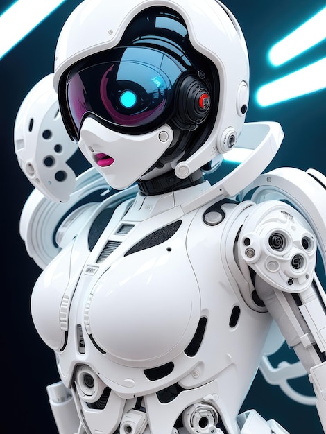 Um robô com um rosto branco e um sinal de néon azul atrás dela.