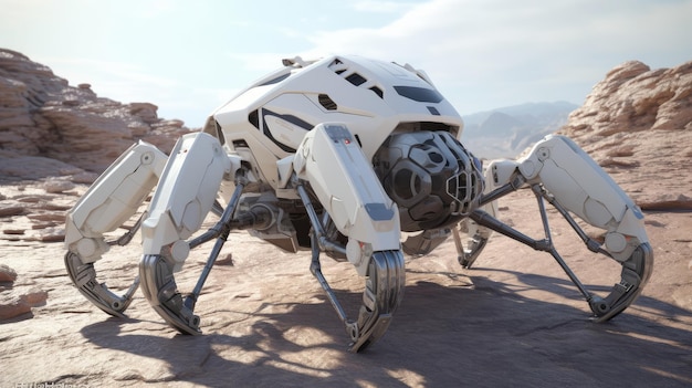 Um robô com uma aranha nas costas está no deserto.