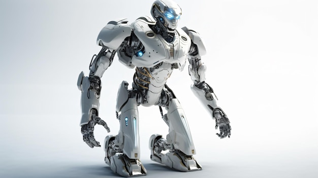 Um robô com uma luz azul no rosto está sobre uma superfície branca.