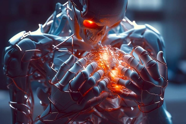 Um robô com uma luz vermelha no peito segura as mãos com dor.