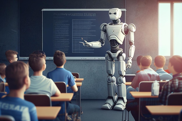 um robô com uma mão branca apontando para um quadro com alunos ao fundo.