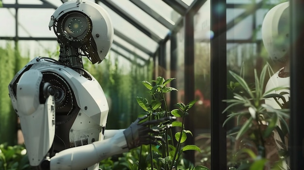 um robô com uma mão estendida para olhar para as plantas
