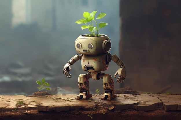Um robô com uma planta crescendo em sua cabeça