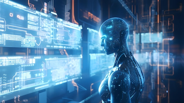 Um robô com visualização de Big Data Engenheiros de Ciência da Computação Trabalham em Hologramas Futuristas