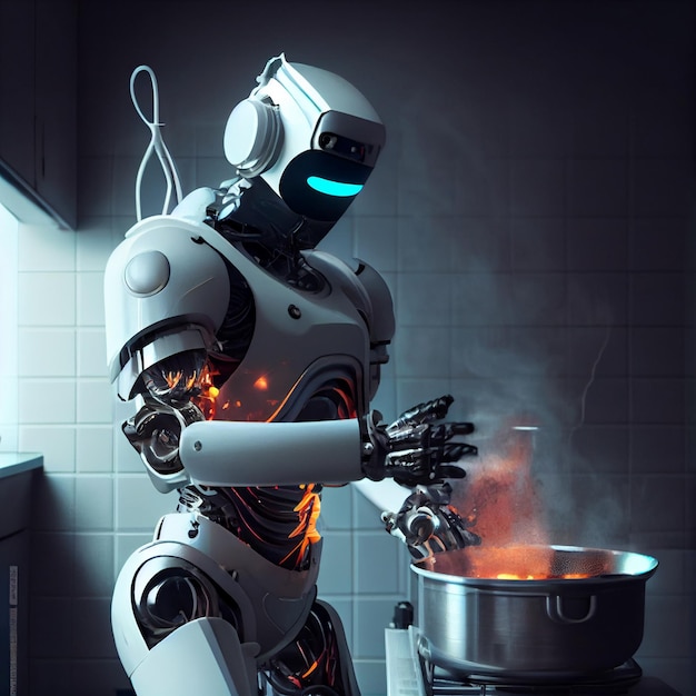 Um robô cozinhando em uma cozinha com fundo preto.