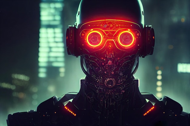 Um robô cyberpunk com olhos vermelhos brilhantes em uma metrópole noturna arranha-céus brilhantes ao fundo