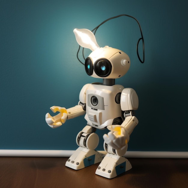 um robô de brinquedo com nariz que é uma lâmpada que brilha