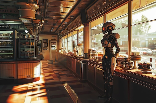 Um robô de pé contra o fundo de um balcão e mesas em um café