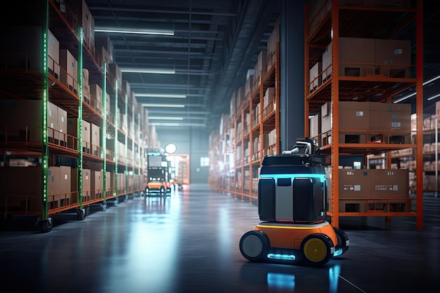 Um robô de transporte de carga está estacionado no chão perto de prateleiras com mercadorias em um armazém espaçoso