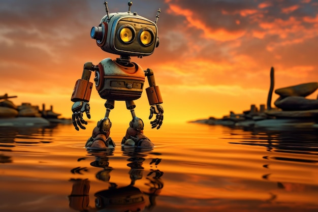 Um robô do futuro caminha sobre a água ao pôr do sol Robotização