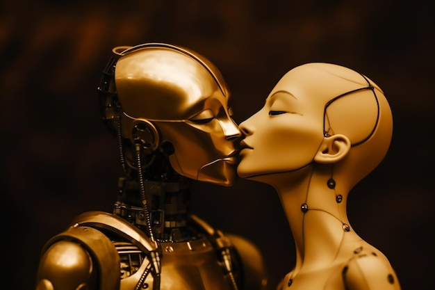 Um robô e um robô se beijando