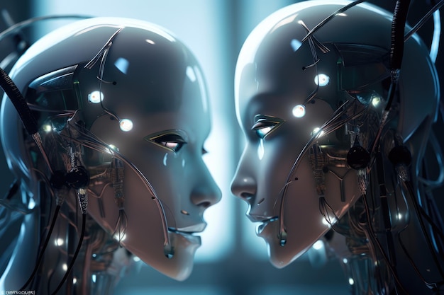 Um robô e um rosto de robô estão de frente um para o outro.