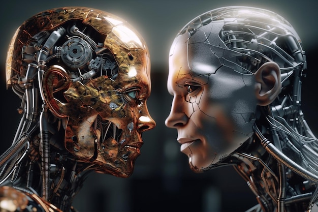 Um robô e um rosto de robô estão de frente um para o outro