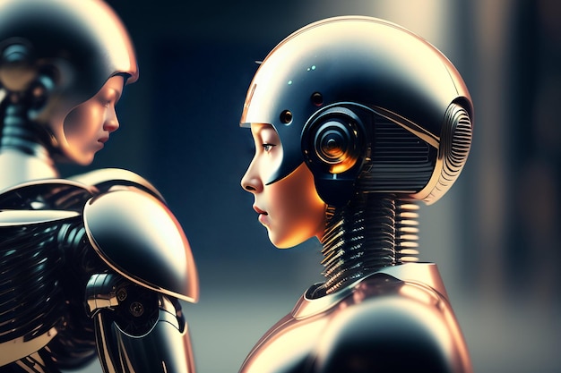 Um robô e uma garota com a palavra robô na cabeça