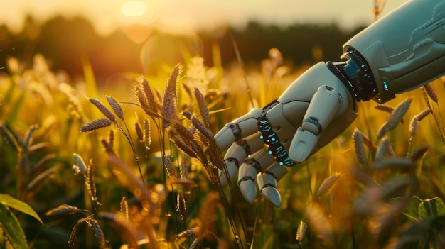 Foto um robô em um campo de grama com as mãos segurando as mãos de um robô