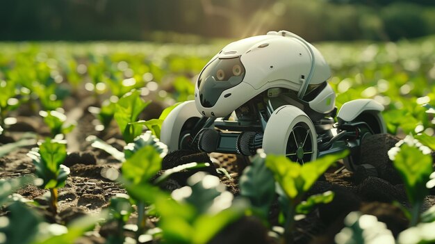 Foto um robô em um campo de plantas verdes