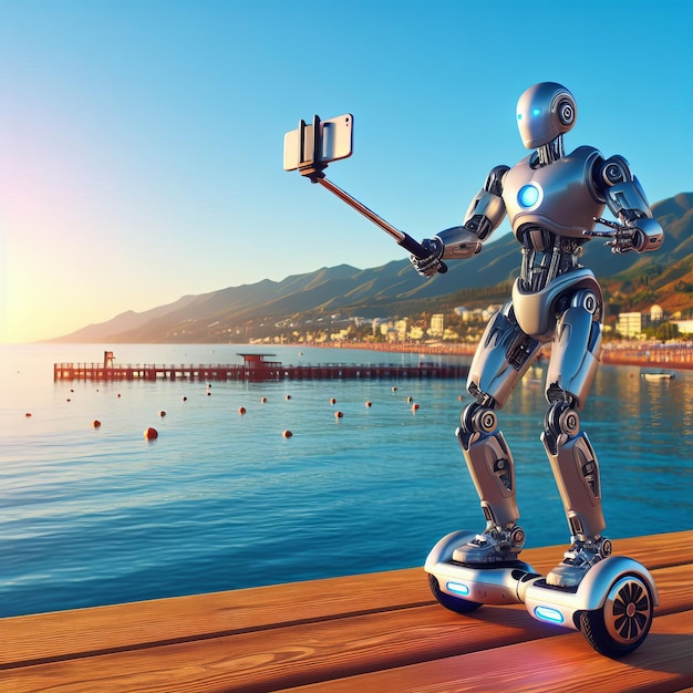 Um robô em um hoverboard tira uma selfie usando um smartphone e um stick de selfie Tecnologias futuras
