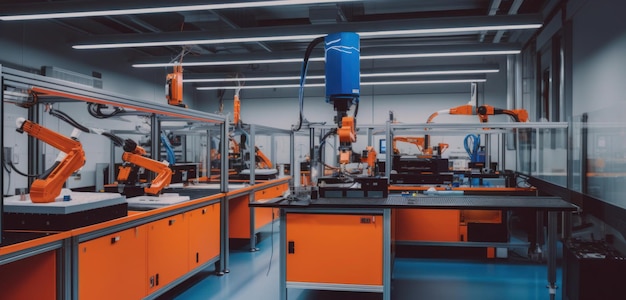 Um robô em uma fábrica com uma caixa azul na frente