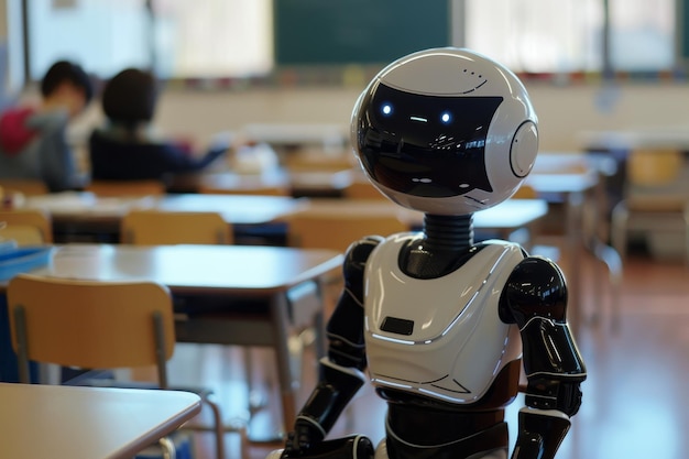 Um robô está de pé na frente de um grupo de pessoas em uma sala de aula