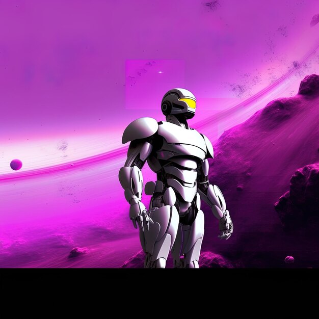 um robô está em frente a um fundo roxo com uma nave espacial no fundo