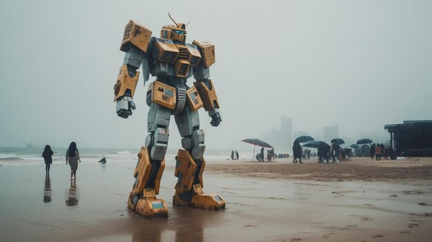 Um robô está em uma praia em um dia chuvoso