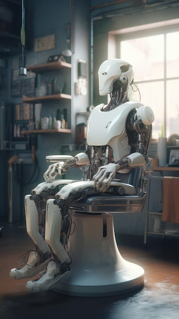Um robô está sentado em uma cadeira em uma biblioteca.
