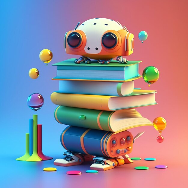 Um robô está sentado sobre uma pilha de livros e a palavra robô está no topo.