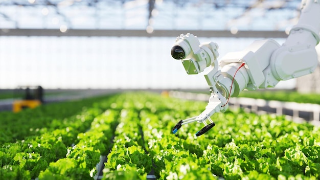 Um robô está trabalhando em uma fazenda de alface.