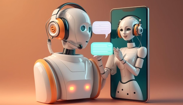 Foto um robô falando com uma mulher em um telefone