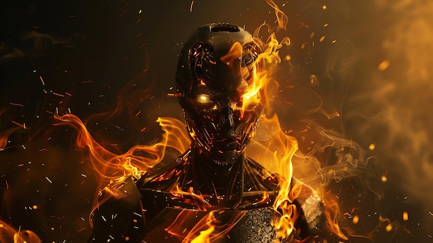 Foto um robô feito de metal está em chamas. o fogo está vindo de dentro do robô e está se espalhando para fora.