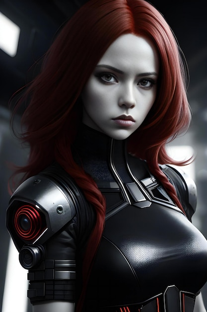 Um robô feminino com cabelo vermelho e maquiagem futurista