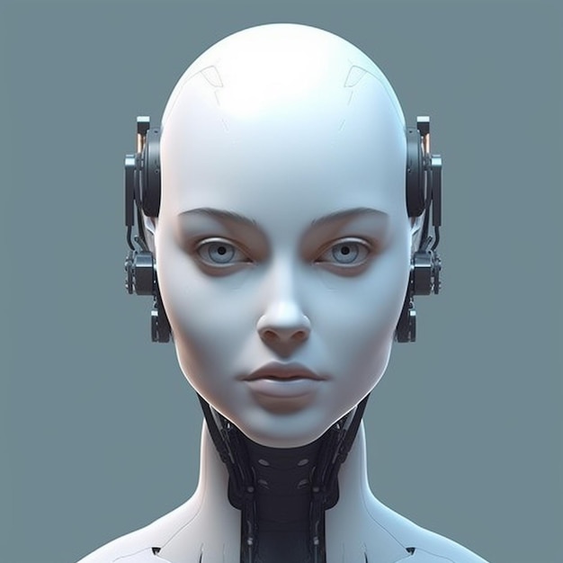 Um robô feminino com olhos azuis e um chapéu branco