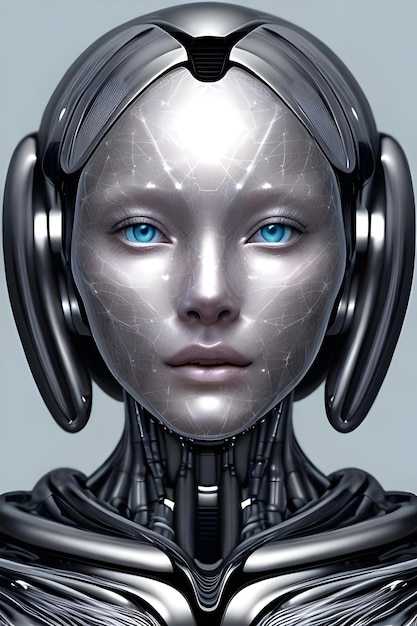 Um robô feminino com olhos azuis.