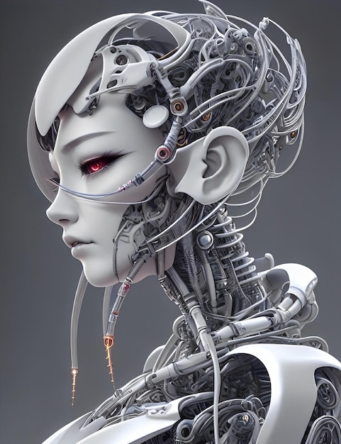 Um robô feminino com olhos vermelhos e rosto prateado.