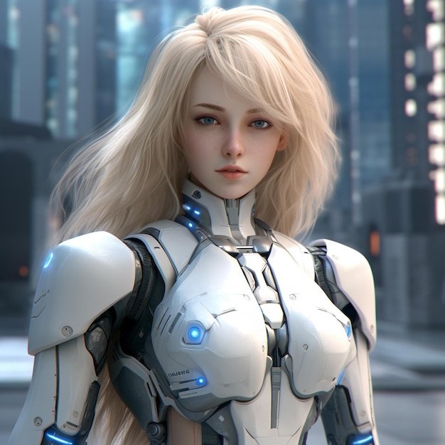 um robô feminino com rosto azul claro e rosto branco.