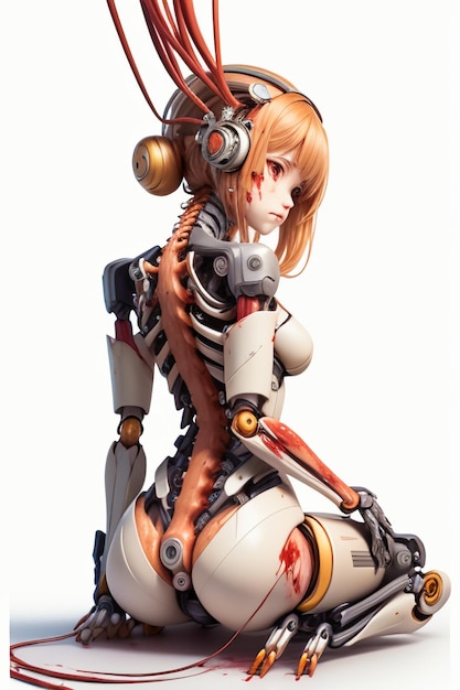 Um robô feminino com um braço quebrado e um braço quebrado.